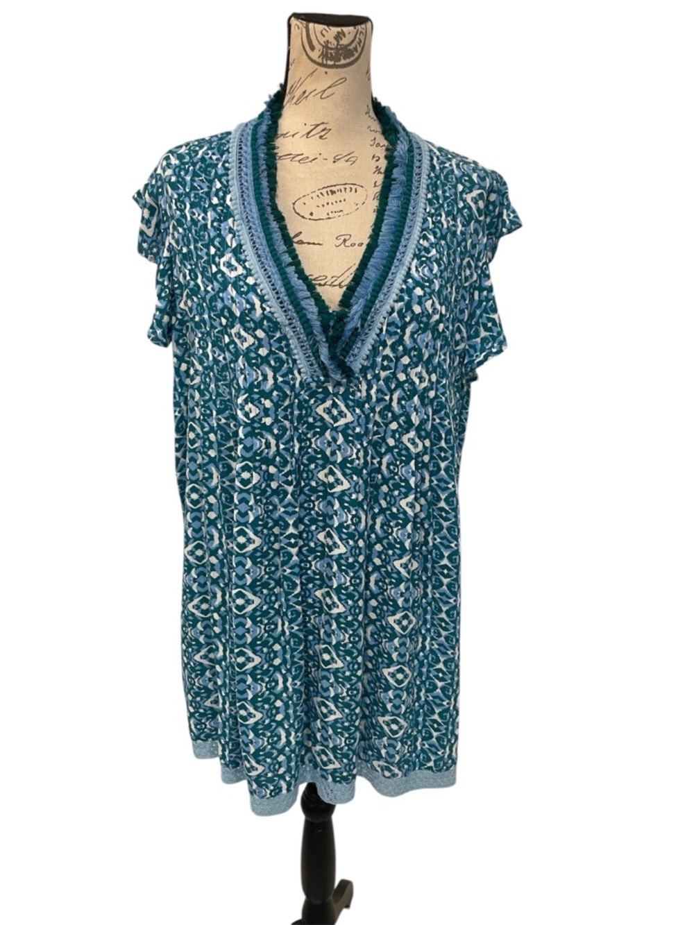 Goa Beachwear by Japna Boho Tunic Dress Teal Print Fringe Neck Medium